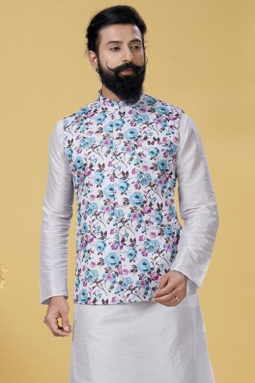 White Color Fabric Sangeet Wear Designer Kurta Pyjama With Digital Print Jacket