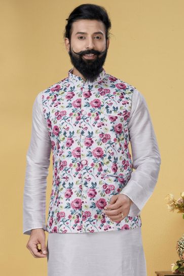 White Color Dhupion Silk Fabric Designer Kurta Pyjama With Digital Print Jacket