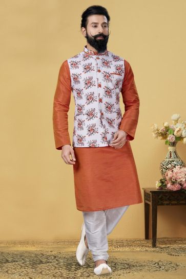 Orange Color Dhupion Silk Fabric Reception Wear Designer Kurta Pyjama With Digital Print Jacket