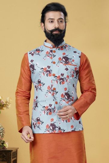 Orange Color Dhupion Silk Fabric Function Wear Designer Kurta Pyjama With Digital Print Jacket