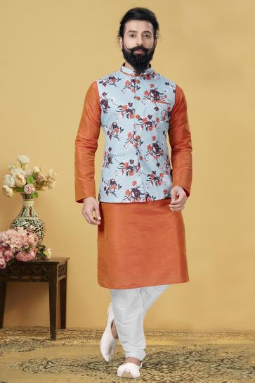 Orange Color Dhupion Silk Fabric Function Wear Designer Kurta Pyjama With Digital Print Jacket