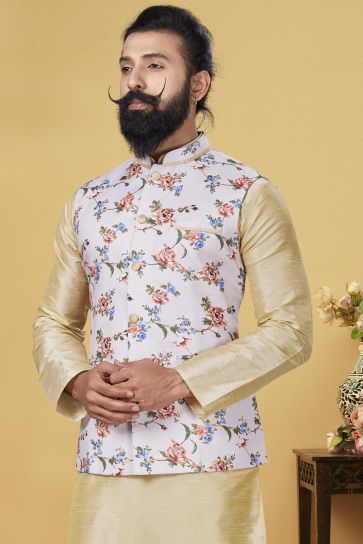 Beige Color Dhupion Silk Fabric Sangeet Wear Designer Kurta Pyjama With Digital Print Jacket