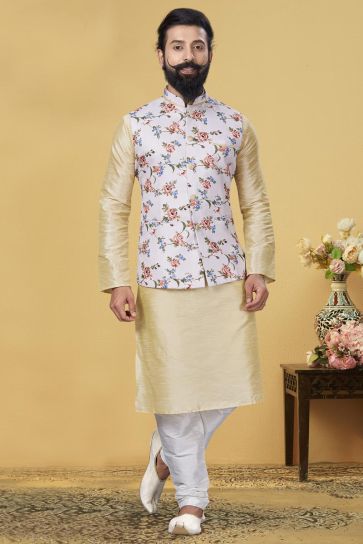 Beige Color Dhupion Silk Fabric Sangeet Wear Designer Kurta Pyjama With Digital Print Jacket