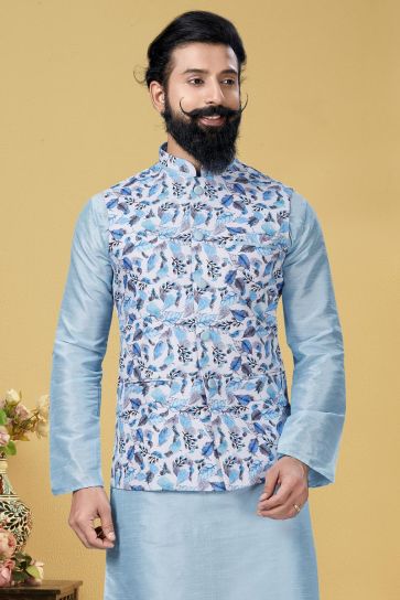 Light Cyan Color Dhupion Silk Fabric Wedding Wear Designer Kurta Pyjama With Digital Print Jacket