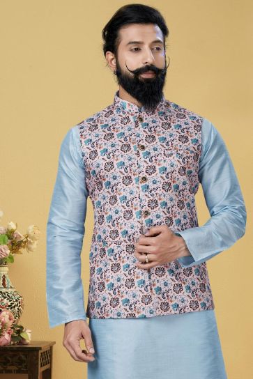 Light Cyan Color Dhupion Silk Fabric Reception Wear Designer Kurta Pyjama With Digital Print Jacket