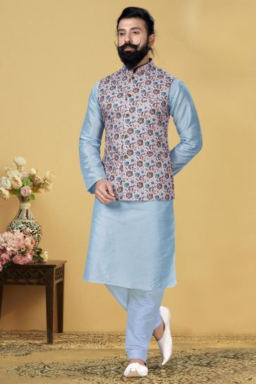 Light Cyan Color Dhupion Silk Fabric Reception Wear Designer Kurta Pyjama With Digital Print Jacket