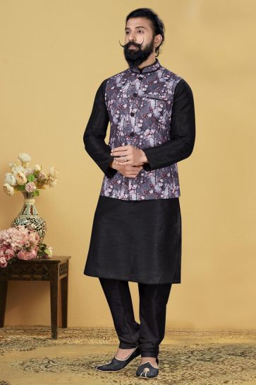 Black Color Dhupion Silk Fabric Function Wear Designer Kurta Pyjama With Digital Print Jacket