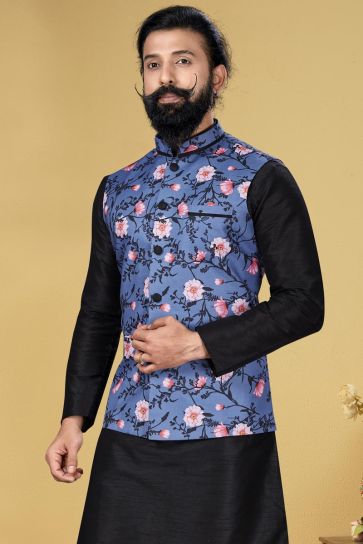 Black Color Dhupion Silk Fabric Sangeet Wear Designer Kurta Pyjama With Digital Print Jacket