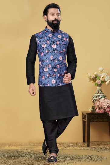 Black Color Dhupion Silk Fabric Sangeet Wear Designer Kurta Pyjama With Digital Print Jacket