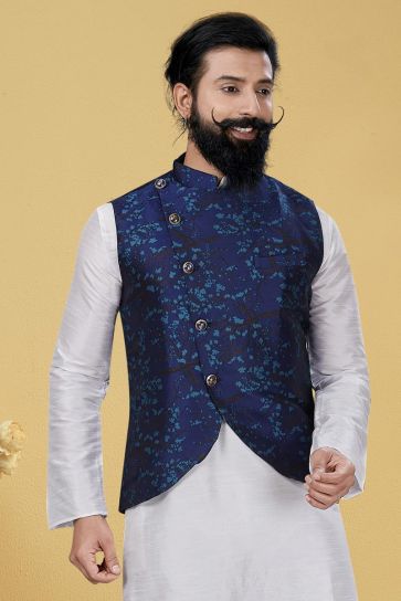 Navy Blue Color Art Silk Fabric Puja Wear Designer Digital Print Jacket