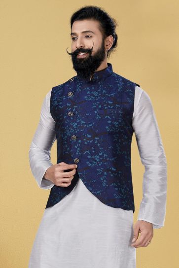 Navy Blue Color Art Silk Fabric Puja Wear Designer Digital Print Jacket