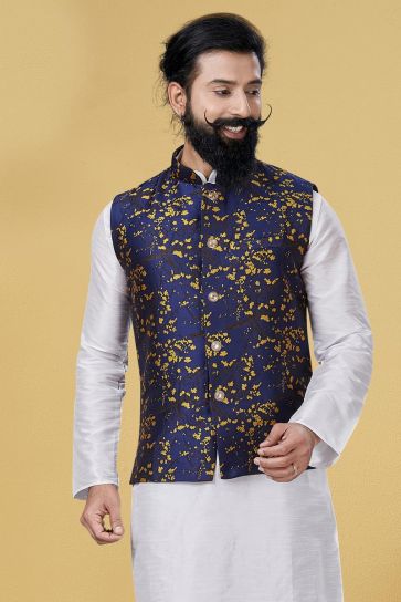 Navy Blue Color Art Silk Fabric Sangeet Wear Designer Digital Print Jacket