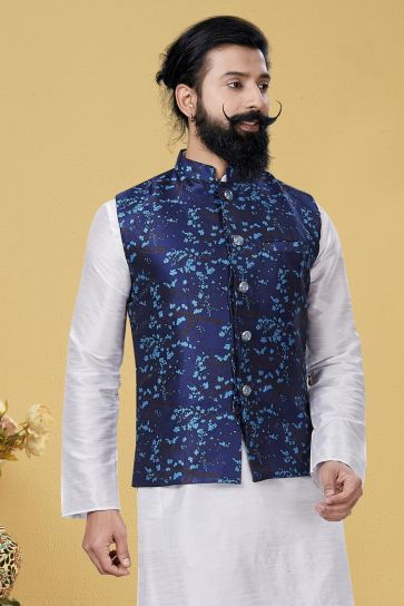 Navy Blue Color Art Silk Fabric Wedding Wear Designer Digital Print Jacket
