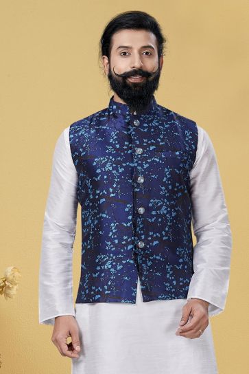 Navy Blue Color Art Silk Fabric Wedding Wear Designer Digital Print Jacket