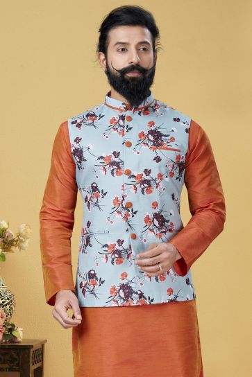 Light Cyan Color Cotton Fabric Puja Wear Designer Digital Print Jacket