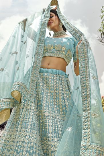 Cyan Color Wedding Wear Organza Fabric Embroidered Lehenga Choli