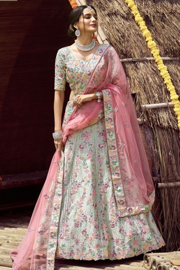 Light Cyan Color Sangeet Wear Satin Fabric Embroidered Lehenga Choli