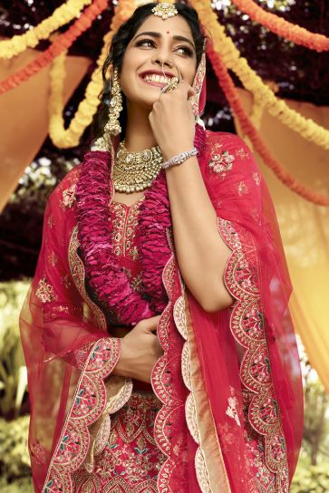 Wedding Wear Pink Color Art Silk Fabric Embroidered Lehenga Choli