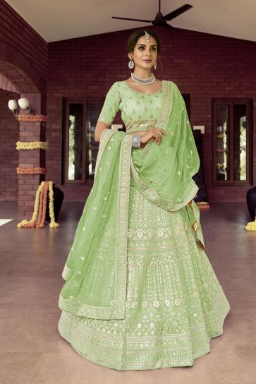 Art Silk Fabric Sea Green Color Wedding Wear Bridal Lehenga With Embroidered Work