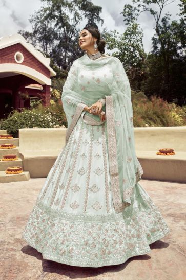 Beguiling Embroidered Work On Light Cyan Color Art Silk Fabric Wedding Wear Bridal Lehenga