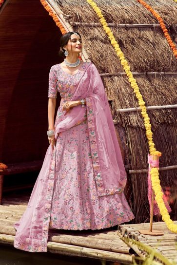 Incredible Embroidered Work On Art Silk Fabric Pink Color Wedding Wear Bridal Lehenga