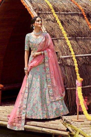 Art Silk Fabric Light Cyan Color Wedding Wear Bridal Lehenga With Embroidered Work