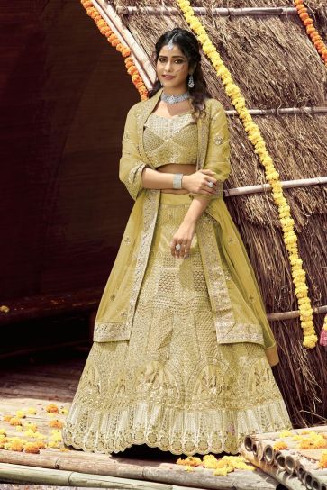 Engaging Yellow Color Art Silk Fabric Designer Bridal Lehenga With Embroidered Work