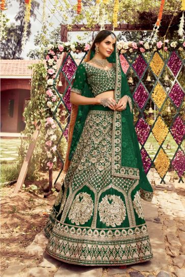 Classic Embroidered Work On Dark Green Color Wedding Wear Bridal Lehenga In Art Silk Fabric
