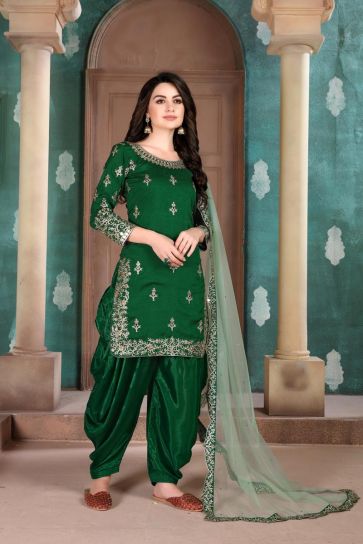 Festive Wear Art Silk Fabric Green Color Embroidered Patiala Dress