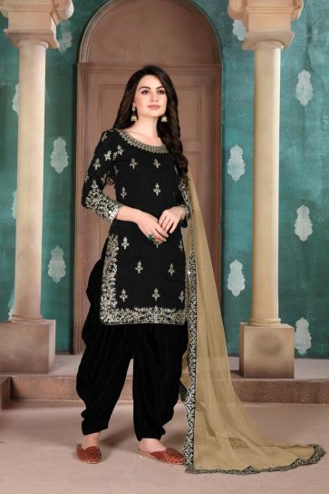 Black Color Festive Wear Embroidered Patiala Suit In Art Silk Fabric