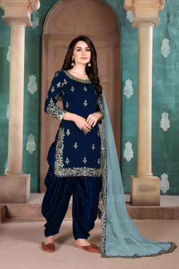 Festive Wear Navy Blue Color Art Silk Fabric Embroidered Patiala Dress