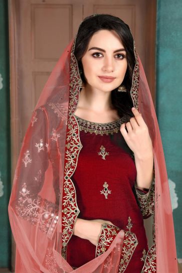 Festive Wear Art Silk Fabric Embroidered Patiala Suit In Maroon Color