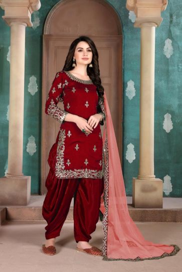 Festive Wear Art Silk Fabric Embroidered Patiala Suit In Maroon Color
