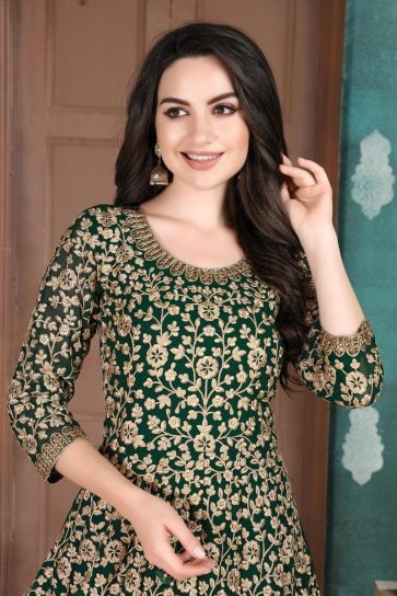 Sangeet Wear Embroidered Dark Green Color Long Length Anarkali Dress In Georgette Fabric