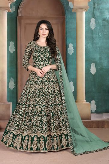 Sangeet Wear Embroidered Dark Green Color Long Length Anarkali Dress In Georgette Fabric