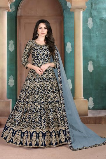 Sangeet Wear Georgette Fabric Embroidered Long Length Anarkali Dress In Navy Blue Color