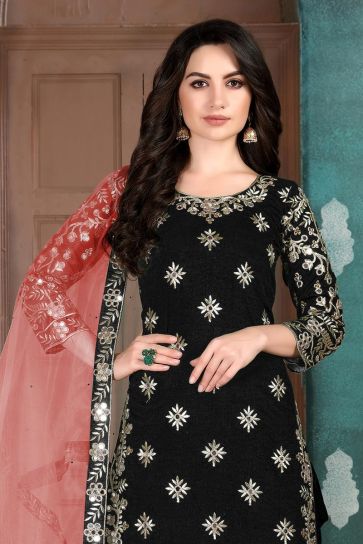 Embroidery Work Black Color Art Silk Fabric Patiala Salwar Suit