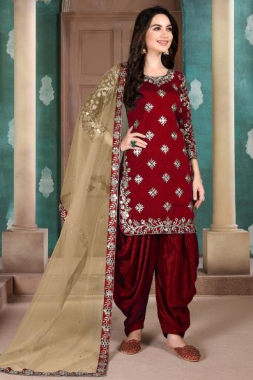 Maroon Color Embroidered Art Silk Fabric Party Wear Patiala Salwar Kameez