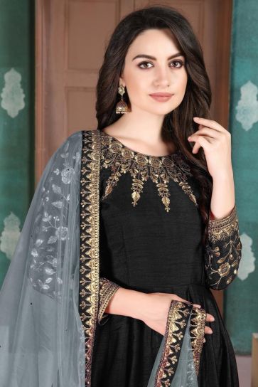 Function Wear Embroidered Fancy Black Anarkali Suit In Art Silk Fabric