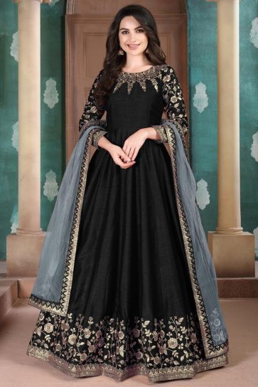 Function Wear Embroidered Fancy Black Anarkali Suit In Art Silk Fabric