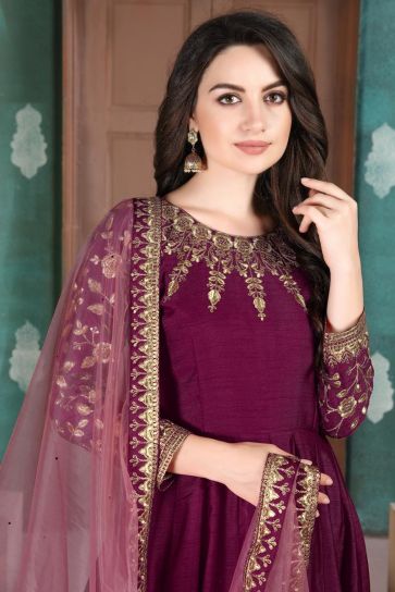 Fancy Art Silk Fabric Function Wear Embroidered Purple Anarkali Dress