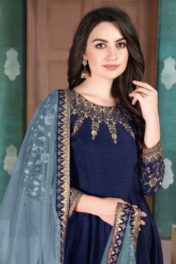 Function Wear Fancy Art Silk Fabric Embroidered Navy Blue Anarkali Dress