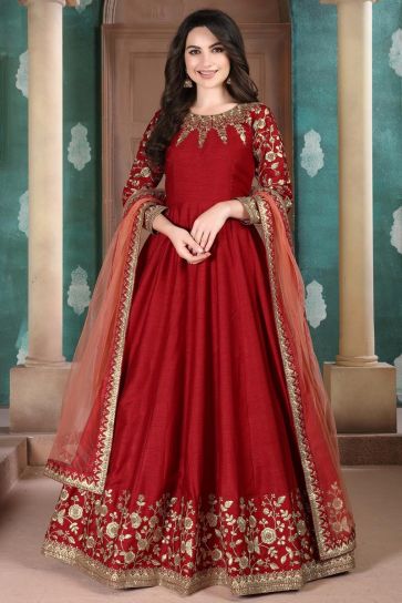 Function Wear Fancy Art Silk Fabric Embroidered Anarkali Suit In Red