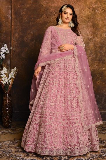 Embroidery Work Pink Color Net Fabric Anarkali Salwar Suit