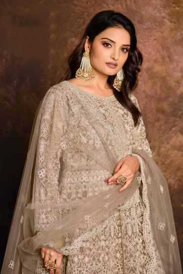 Cream Color Net Fabric Fancy Embroidery Work Wedding Wear Anarkali Salwar Kameez