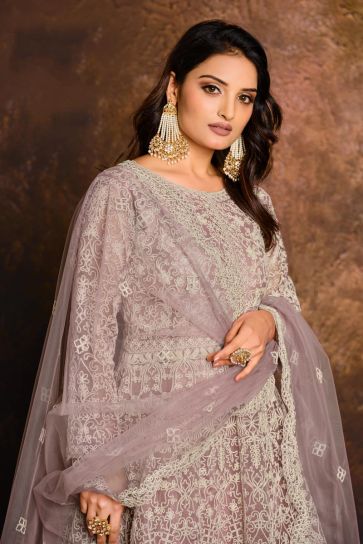 Lavender Color Embroidered Net Fabric Festive Wear Anarkali Salwar Kameez