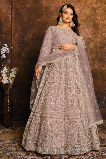 Lavender Color Embroidered Net Fabric Festive Wear Anarkali Salwar Kameez