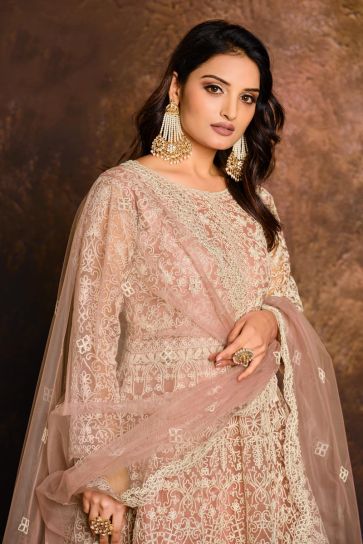 Embroidery Designs Peach Color Net Fabric Function Wear Anarkali Salwar Suit