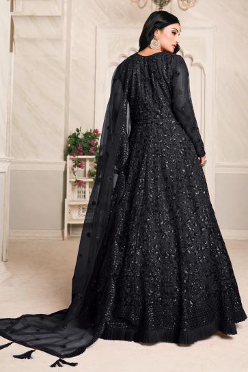 Net Black Anarkali Suit in Printed - AS3584