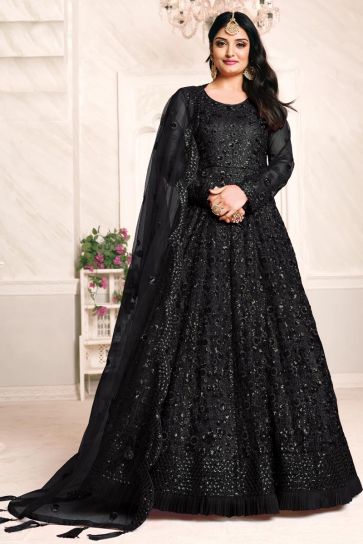 Net Fabric Embroidery Work Wedding Wear Designer Anarkali Suit In Black Color 